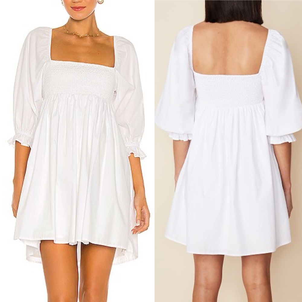 Faithfull the Brand Arles Smocked Puff Sleeve Mini Dress White Sz 6